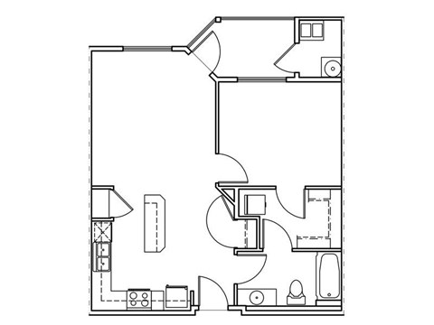 Floor plan for 1 bed, 1 bath, 667 sqft